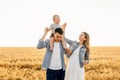 Happy family, mother, father and little child on the ripe wheat field Royalty Free Stock Photo