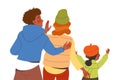 Happy Family with Mother, Father and Little Daughter Standing and Waving Hand Back View Vector Illustration