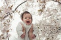 Happy family. mother hands throws up child in the blooming apple Royalty Free Stock Photo