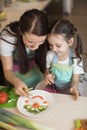 Happy family mother and kid girl are preparing healthy food, they improvise together in the kitchen Royalty Free Stock Photo