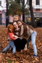 Happy family. mother of many children and three daughters child girl together, hugging, joyfully laughing and playing