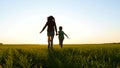 Happy family. A mother runs, holding her child's hand, across a green field at sunset. Travel, lifestyle, health.