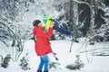 a happy family. mother and three children playing in the winter forest Royalty Free Stock Photo