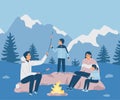 Happy family in the mountains. Father, mother and children. Vacation in nature. Camping. Vector illustration in flat style