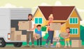 Happy family moves to a new house. Father, mother and children a Royalty Free Stock Photo