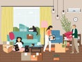 Happy family moving to new home, vector illustration. People pack things in cardboard boxes. Moving house and relocation Royalty Free Stock Photo