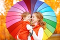 Happy family mum and child daughter with rainbow colored umbrell Royalty Free Stock Photo