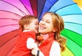 Happy family mum and child daughter with rainbow colored umbrell Royalty Free Stock Photo