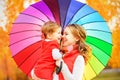 Happy family mum and child daughter with rainbow colored umbrell Royalty Free Stock Photo