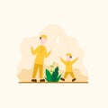 Happy family, Happy Muslim, Father and son hands up modern flat illustration design