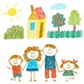 Happy family with house. Kids drawing. Kindergarten children illustration. Mother, father, sister, brother. Parents Royalty Free Stock Photo