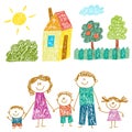 Happy family with house. Kids drawing. Kindergarten children illustration. Mother, father, sister, brother. Parents Royalty Free Stock Photo