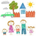 Happy family with house. Kids drawing. Kindergarten children illustration. Mother, father, sister, brother. Parents Royalty Free Stock Photo