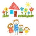 Happy family with house. Kids drawing. Kindergarten children illustration. Mother, father, sister, brother. Parents Royalty Free Stock Photo