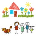 Happy family with house. Kids drawing. Kindergarten children illustration. Mother, father, sister, brother. Parents Royalty Free Stock Photo