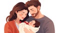 Happy family with newborn baby. Young parents and newborn son in hands. Mother, father holding infant together with love.