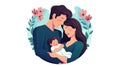 Happy family with newborn baby. Young parents and newborn son in hands. Mother, father holding infant together with love.