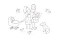 Happy family with newborns. Mom, dad and kids on a walk. Cheerful funny dog and pigeons. Cute cartoon couple and baby Royalty Free Stock Photo