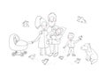 Happy family with newborns. Mom, dad and kids on a walk. Cheerful funny dog and pigeons. Cute cartoon couple and baby