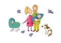 Happy family with newborns. Mom, dad and kids on a walk. Cheerful funny dog and pigeons. Cute cartoon couple and baby Royalty Free Stock Photo