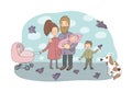 Happy family with newborns. Mom, dad and kids on a walk. Cheerful funny dog and pigeons. Cute cartoon couple and baby Royalty Free Stock Photo