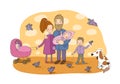 Happy family with newborns. Mom, dad and kids on a walk. Cheerful funny dog and pigeons. Cute cartoon couple and baby Royalty Free Stock Photo