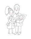 Happy family with newborns. Mom, dad and kids on a walk. Cute cartoon couple and baby