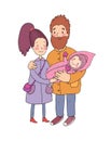 Happy family with newborns. Mom, dad and kids on a walk. Cute cartoon couple and baby