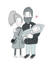 Happy family with newborns. Mom, dad and kids on a walk. Cute cartoon couple and baby