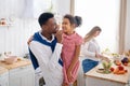 Happy family, nice breakfast on the kitchen