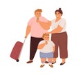 Happy family of obese people standing with luggage. Fat tourists eating ice-cream. Overweight mother, father and son