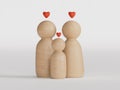 Happy family with one child and heart emotion on wooden background. Wood doll character.