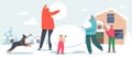 Happy Family Outdoor Activity. Parents with Kids Making Funny Snowman on Snowy Landscape Background, Winter Time Game