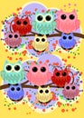 Happy family of owls on flowering tree branches. Daddies, mothers and children, grandparents. Spring, summer, honeymoon