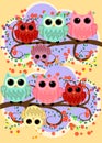 Happy family of owls on flowering tree branches. Daddies, mothers and children, grandparents. Spring, summer, honeymoon