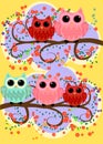 Happy family of owls on flowering tree branches. Daddies, mothers and children, grandparents. Spring, summer, honeymoon