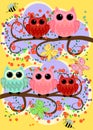 Happy family of owls on flowering tree branches. Daddies, mothers and children, grandparents. Spring, summer, honeymoon