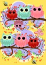 Happy family of owls on flowering tree branches. Daddies, mothers and children, grandparents. Spring, summer, honeymoon