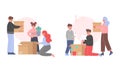 Happy Family Packing Cardboard Box for Relocating or Moving to New Apartment Vector Set Royalty Free Stock Photo