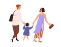 Happy family, parent and kid, walking and holding by hands together. Mother, father and daughter strolling. Adults and