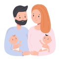 Happy family. Parents with babies. Man and woman nurse toddlers. Young father and mother with newborn children Royalty Free Stock Photo