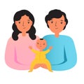 Happy family. Parents with baby. Man and woman nurse toddler. Young father and mother with newborn child
