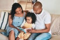 Happy family, parents or child reading story book, cartoon comic books and bonding with mom, dad and relax at home. Love Royalty Free Stock Photo