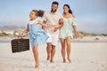 Happy family, parents or child walking on beach to relax on fun holiday vacation or picnic together. Dad, mom or excited Royalty Free Stock Photo