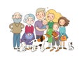 A happy family. Parents with children. Cute cartoon dad, mom, daughter, son and baby. grandmother and grandfather. Funny Royalty Free Stock Photo