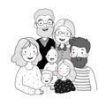 A happy family. Parents with children. Cute cartoon dad, mom, daughter, son and baby. grandmother and grandfather. Royalty Free Stock Photo