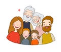 A happy family. Parents with children. Cute cartoon dad, mom, daughter, son and baby. grandmother and grandfather. Royalty Free Stock Photo