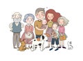 A happy family. Parents with children. Cute cartoon dad, mom, daughter, son and baby. grandmother and grandfather. Royalty Free Stock Photo