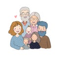 A happy family. Parents with children. Cute cartoon dad, mom, daughter, son and baby. grandmother and grandfather. Royalty Free Stock Photo