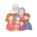 A happy family. Parents with children. Cute cartoon dad, mom, daughter, son and baby. grandmother and grandfather.